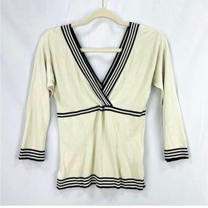 Max Mara Knit Sweater Light Weight Quarter Sleeve Dual V-Neck Ivory Black Large